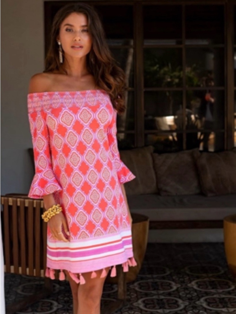 Cabana Life Coral Pink Patterned Off-Shoulder Shift Dress